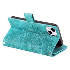 Mandala Flower Imprinted PU Leather Cover for iPhone 15 Zipper Pocket Anti-Drop Wallet Phone Case with Strap - TechGearPal