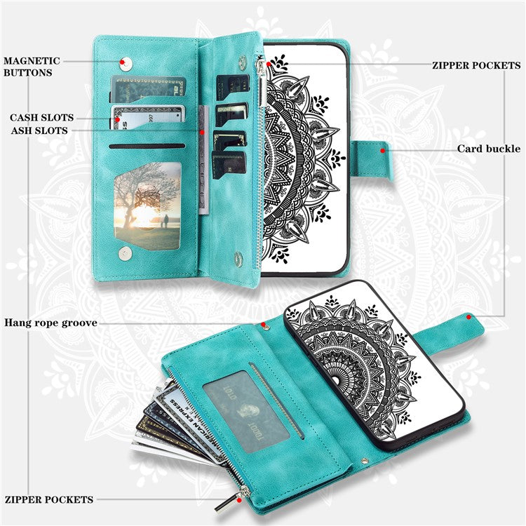 Mandala Flower Imprinted PU Leather Cover for iPhone 15 Zipper Pocket Anti-Drop Wallet Phone Case with Strap - TechGearPal