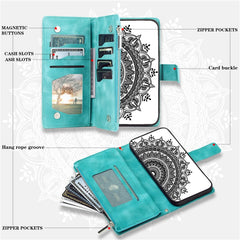 Mandala Flower Imprinted PU Leather Cover for iPhone 15 Zipper Pocket Anti-Drop Wallet Phone Case with Strap - TechGearPal