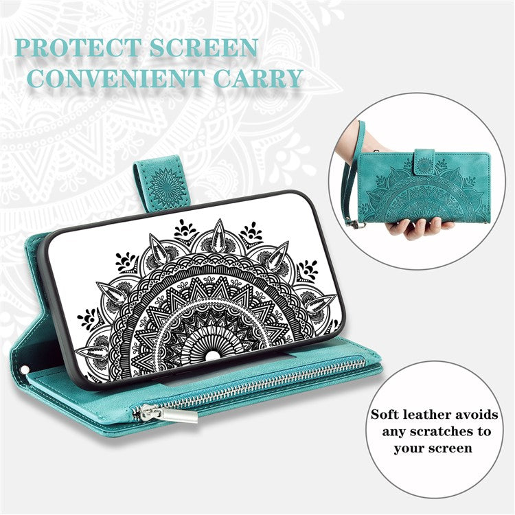 Mandala Flower Imprinted PU Leather Cover for iPhone 15 Zipper Pocket Anti-Drop Wallet Phone Case with Strap - TechGearPal