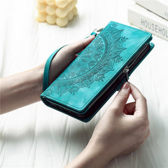 Mandala Flower Imprinted PU Leather Cover for iPhone 15 Zipper Pocket Anti-Drop Wallet Phone Case with Strap - TechGearPal