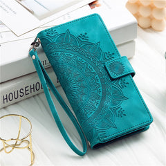 Mandala Flower Imprinted PU Leather Cover for iPhone 15 Zipper Pocket Anti-Drop Wallet Phone Case with Strap - TechGearPal
