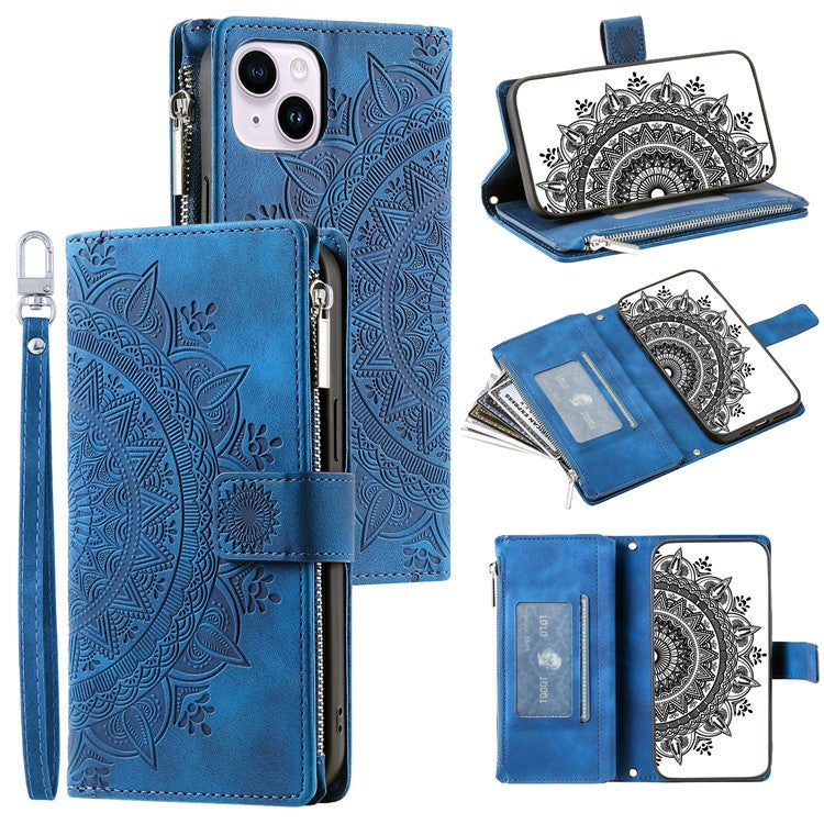 Mandala Flower Imprinted PU Leather Cover for iPhone 15 Zipper Pocket Anti-Drop Wallet Phone Case with Strap - TechGearPal
