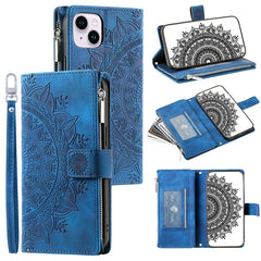 Mandala Flower Imprinted PU Leather Cover for iPhone 15 Zipper Pocket Anti-Drop Wallet Phone Case with Strap - TechGearPal