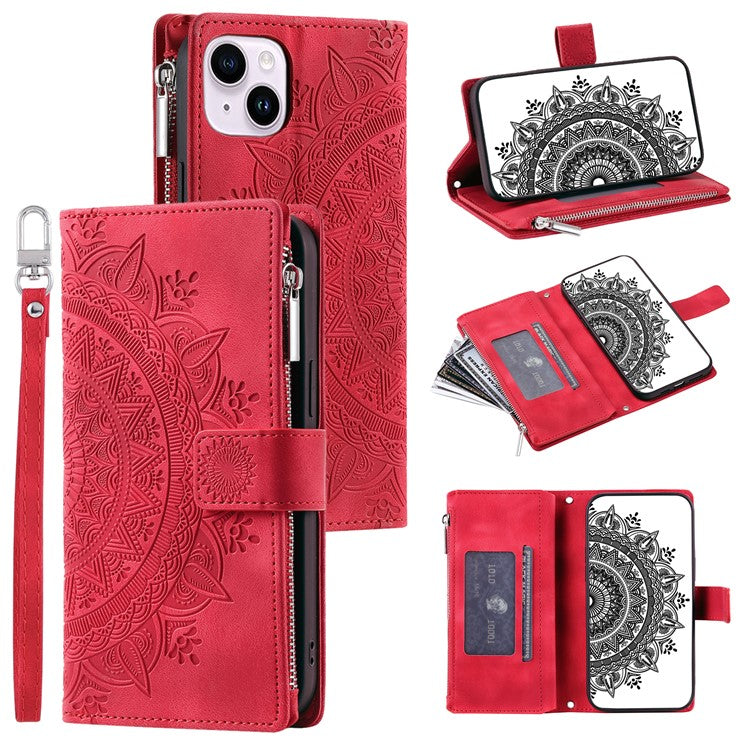 Mandala Flower Imprinted PU Leather Cover for iPhone 15 Zipper Pocket Anti-Drop Wallet Phone Case with Strap - TechGearPal