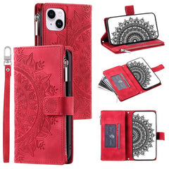 Mandala Flower Imprinted PU Leather Cover for iPhone 15 Zipper Pocket Anti-Drop Wallet Phone Case with Strap - TechGearPal