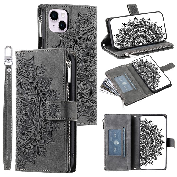 Mandala Flower Imprinted PU Leather Cover for iPhone 15 Zipper Pocket Anti-Drop Wallet Phone Case with Strap - TechGearPal