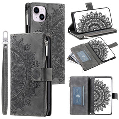 Mandala Flower Imprinted PU Leather Cover for iPhone 15 Zipper Pocket Anti-Drop Wallet Phone Case with Strap - TechGearPal