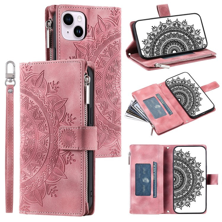 Mandala Flower Imprinted PU Leather Cover for iPhone 15 Zipper Pocket Anti-Drop Wallet Phone Case with Strap - TechGearPal