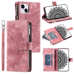 Mandala Flower Imprinted PU Leather Cover for iPhone 15 Zipper Pocket Anti-Drop Wallet Phone Case with Strap - TechGearPal