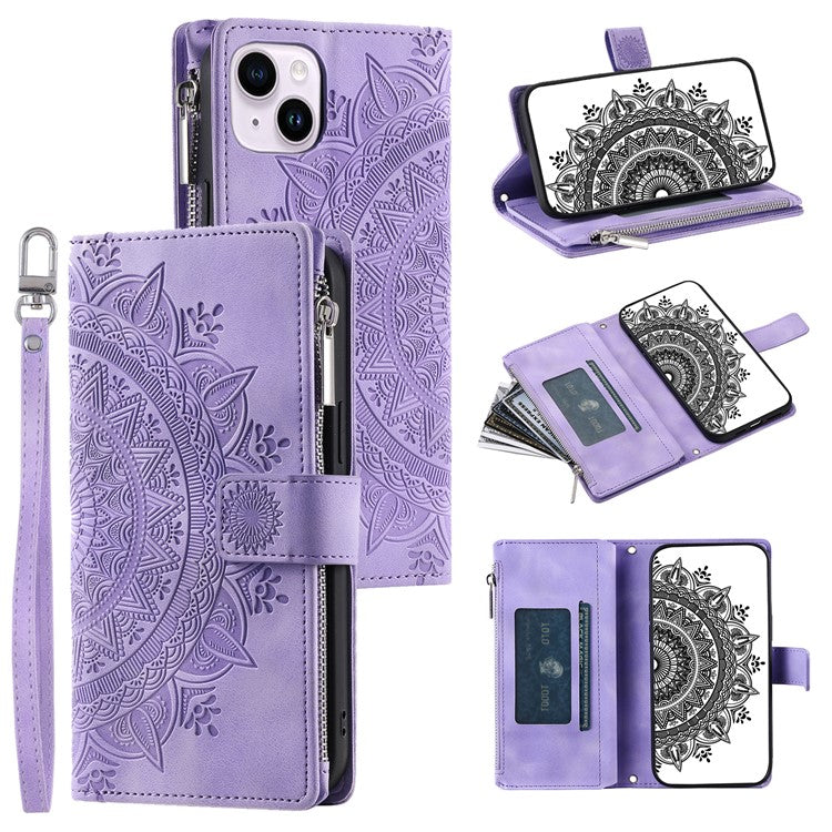Mandala Flower Imprinted PU Leather Cover for iPhone 15 Zipper Pocket Anti-Drop Wallet Phone Case with Strap - TechGearPal