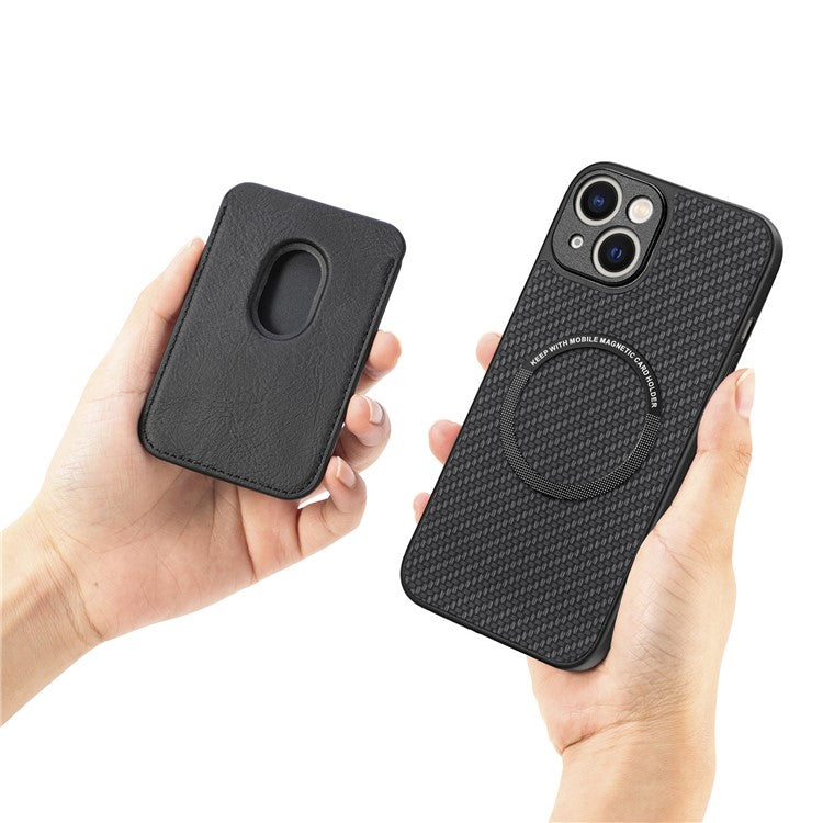 Carbon Fiber Phone Case for iPhone 15 , Leather+PC+TPU Cover with Detachable Magnetic Card Holder - TechGearPal