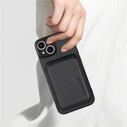 Carbon Fiber Phone Case for iPhone 15 , Leather+PC+TPU Cover with Detachable Magnetic Card Holder - TechGearPal