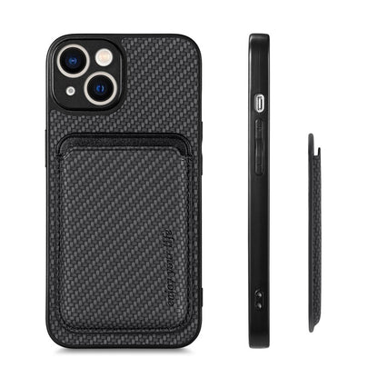 Carbon Fiber Phone Case for iPhone 15 , Leather+PC+TPU Cover with Detachable Magnetic Card Holder - TechGearPal
