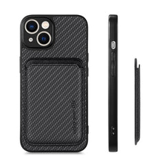 Carbon Fiber Phone Case for iPhone 15 , Leather+PC+TPU Cover with Detachable Magnetic Card Holder - TechGearPal