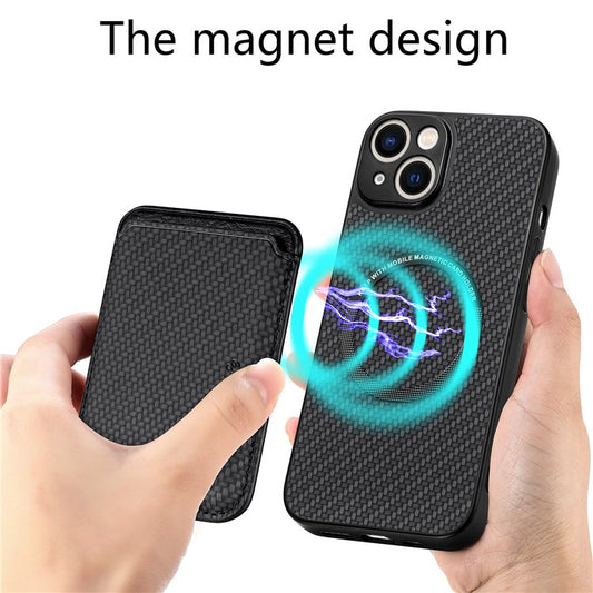 Carbon Fiber Phone Case for iPhone 15 , Leather+PC+TPU Cover with Detachable Magnetic Card Holder - TechGearPal
