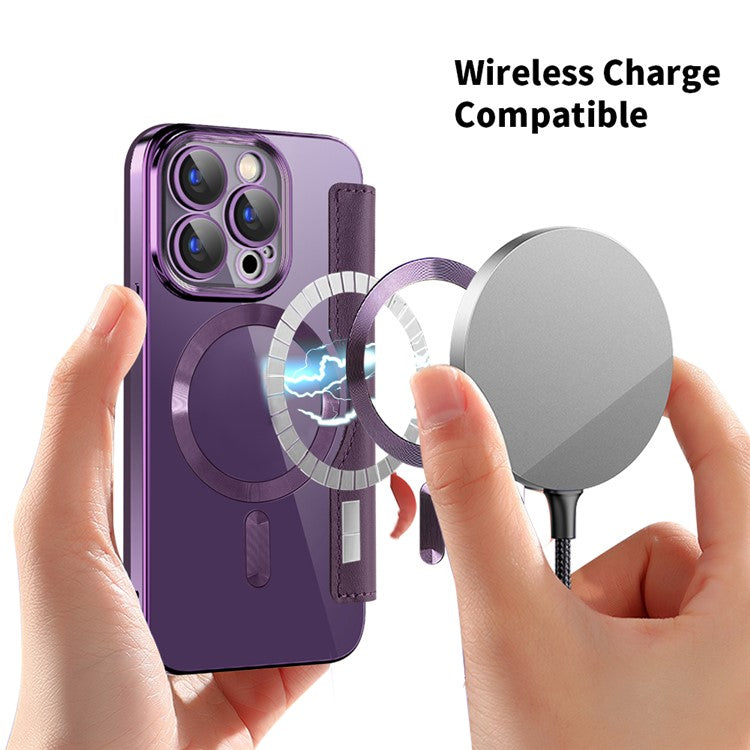 For iPhone 15 Pro Max Card Holder Phone Case RFID Blocking Electroplating Leather Cover Compatible with MagSafe - TechGearPal
