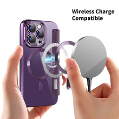 For iPhone 15 Pro Max Card Holder Phone Case RFID Blocking Electroplating Leather Cover Compatible with MagSafe - TechGearPal