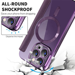 For iPhone 15 Pro Max Card Holder Phone Case RFID Blocking Electroplating Leather Cover Compatible with MagSafe - TechGearPal