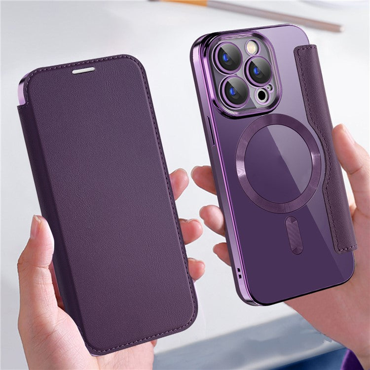 For iPhone 15 Pro Max Card Holder Phone Case RFID Blocking Electroplating Leather Cover Compatible with MagSafe - TechGearPal