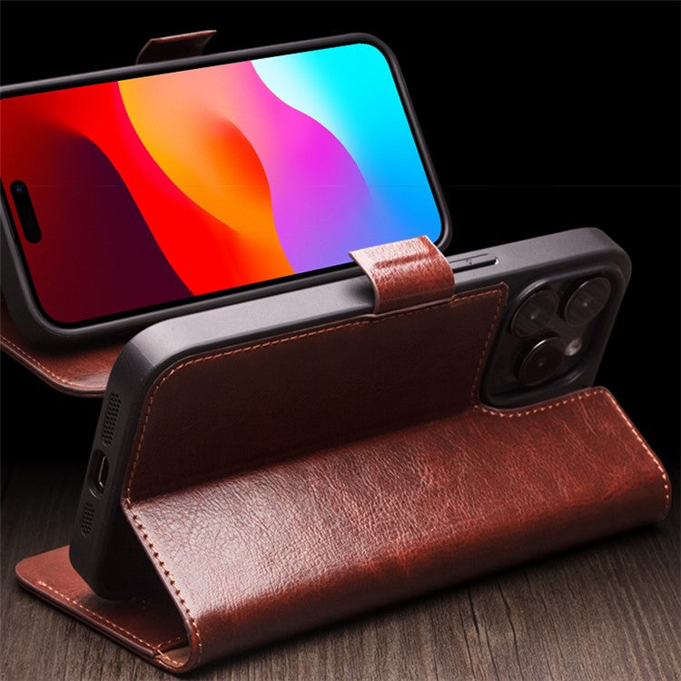 QIALINO Anti-Drop Phone Case for iPhone 15 Pro Genuine Cow Leather+TPU Magnetic Closure Phone Cove - TechGearPal