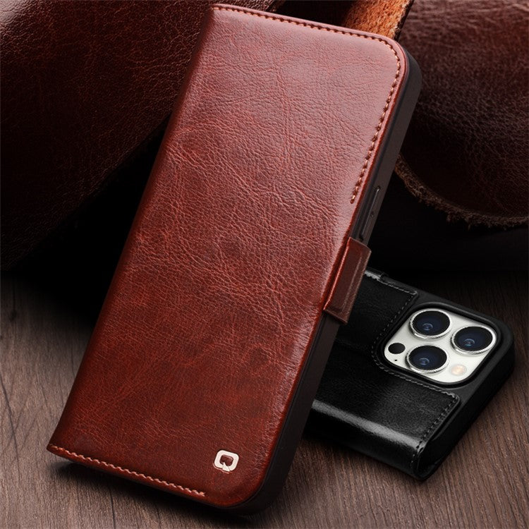 QIALINO Anti-Drop Phone Case for iPhone 15 Pro Genuine Cow Leather+TPU Magnetic Closure Phone Cove - TechGearPal