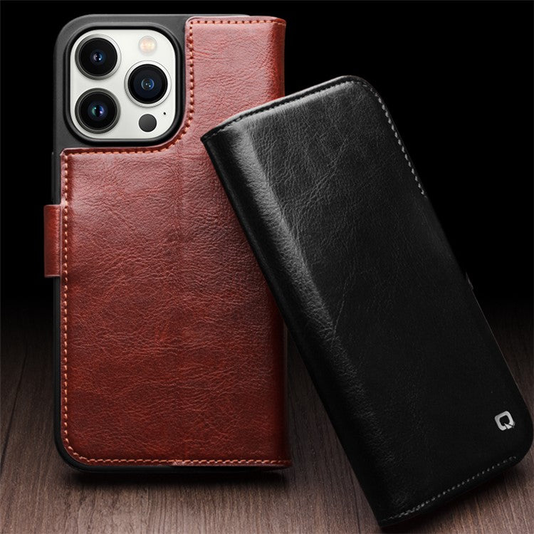 QIALINO Anti-Drop Phone Case for iPhone 15 Pro Genuine Cow Leather+TPU Magnetic Closure Phone Cove - TechGearPal