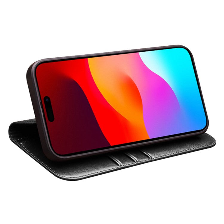 QIALINO For iPhone 15 Plus Anti-Drop Genuine Leather Phone Case Stand Full Wrapped Wallet Flip Cove - TechGearPal