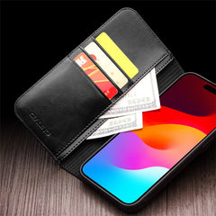 QIALINO For iPhone 15 Plus Anti-Drop Genuine Leather Phone Case Stand Full Wrapped Wallet Flip Cove - TechGearPal