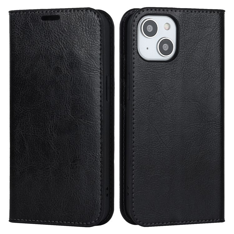 For iPhone 15 Crazy Horse Texture Stand Cover Genuine Cow Leather Wallet Protective Phone Case - TechGearPal
