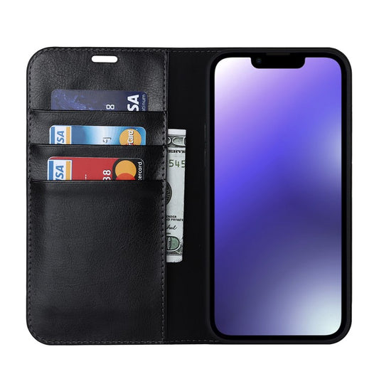 For iPhone 15 Crazy Horse Texture Stand Cover Genuine Cow Leather Wallet Protective Phone Case - TechGearPal