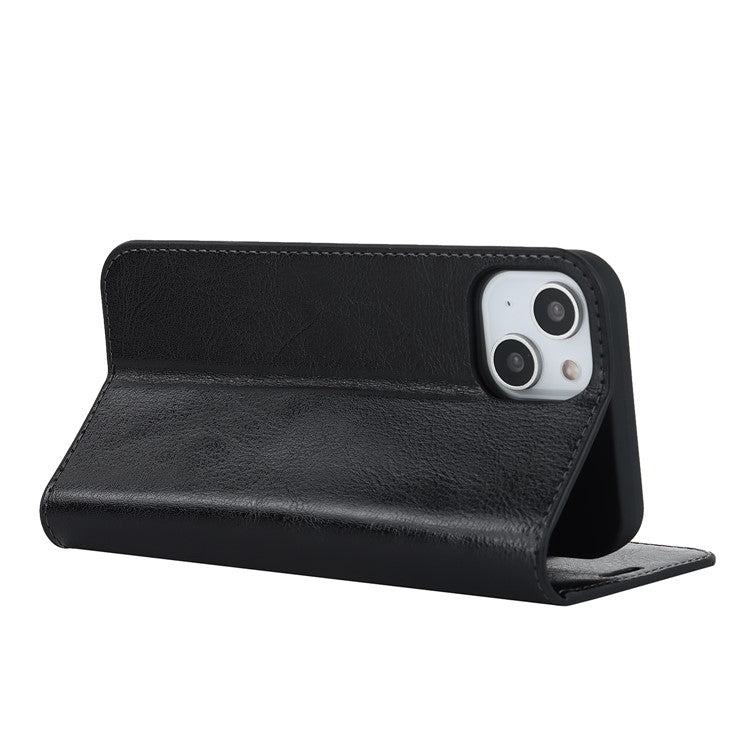 For iPhone 15 Crazy Horse Texture Stand Cover Genuine Cow Leather Wallet Protective Phone Case - TechGearPal