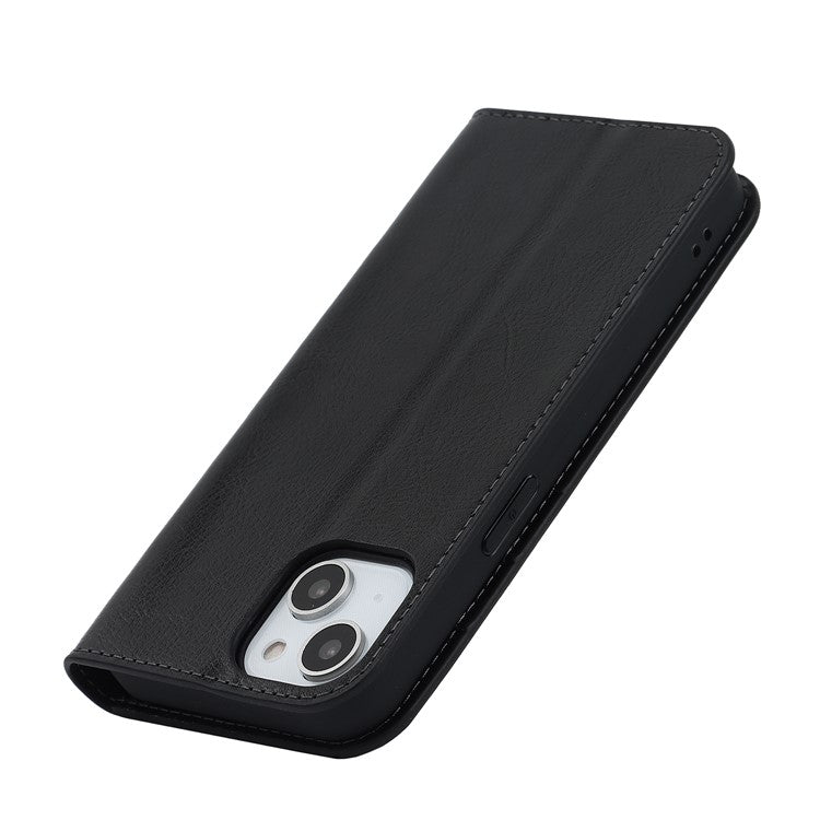 For iPhone 15 Crazy Horse Texture Stand Cover Genuine Cow Leather Wallet Protective Phone Case - TechGearPal