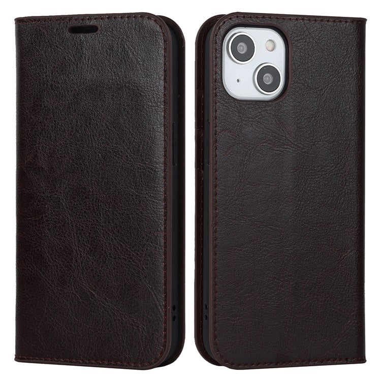 For iPhone 15 Crazy Horse Texture Stand Cover Genuine Cow Leather Wallet Protective Phone Case - TechGearPal