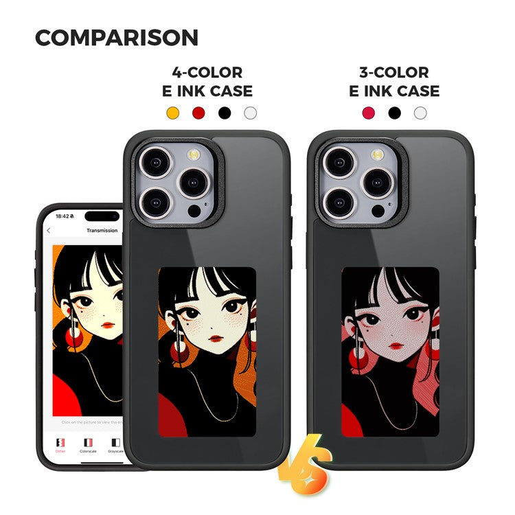 For iPhone 15 Pro E Ink Phone Case 4-Color Screen Play DIY Phone Cove - TechGearPal