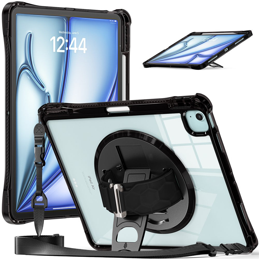 For iPad Air 13 (2025) / (2024) / Pro 12.9 (2022) / (2021) / (2020) / (2018) Kickstand Case PC+TPU+Acrylic Cover with Strap
