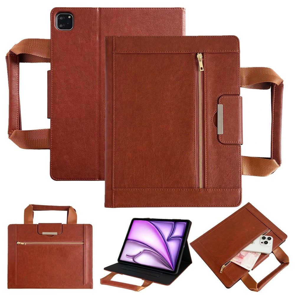 Tablet Case for iPad Air 13 (2025) / (2024) / Pro 12.9 (2022) / (2020) / (2018) Auto Wake / Sleep Leather Cover with Handle / Zipper Pouch