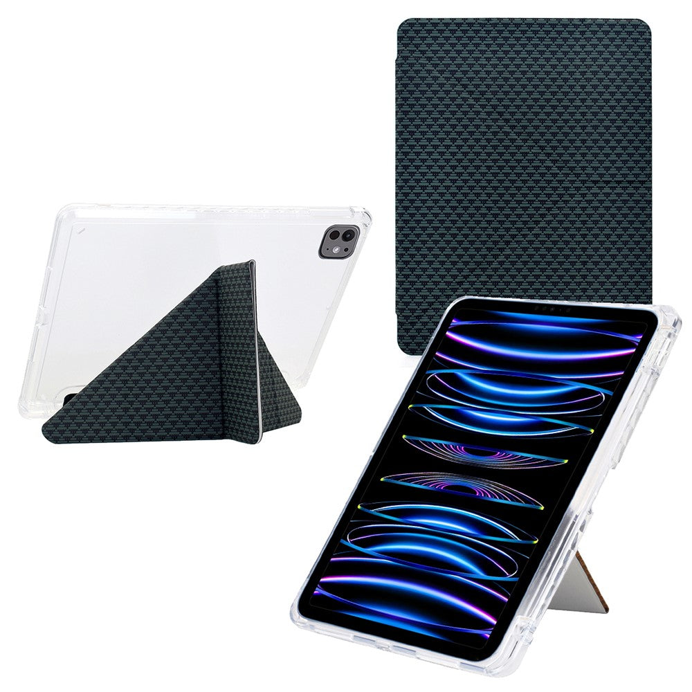 Tablet Case For iPad Pro 12.9 (2022) / (2021) / (2020) / (2018) , Y-Fold Stand Pyramid-Patterned Leather + Clear Acrylic Cover with Pencil Holder