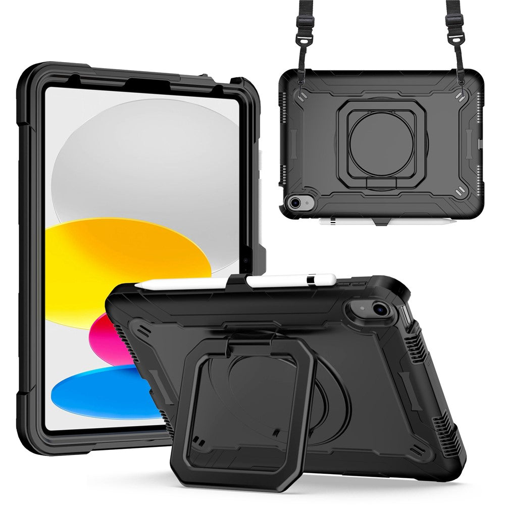 For iPad (2025) / iPad 10.9 (2022) Silicone PC Tablet Case Rotating Handle Kickstand Cover with Shoulder Strap - TechGearPal