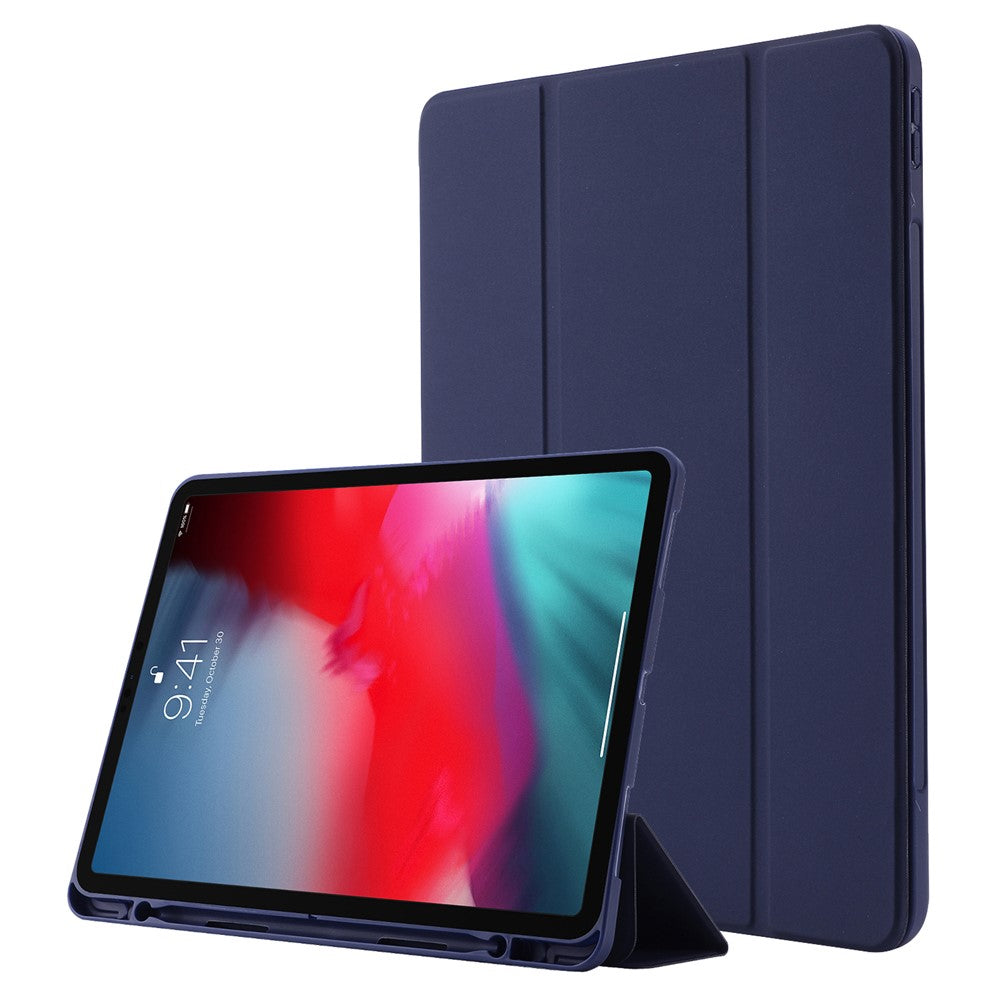 For iPad Pro 12.9 (2022) / (2021) / (2020) Skin-touch PU Leather Case Full Protection Tri-fold Stand Tablet Cover with Auto Wake / Sleep Cover and Pen Slot