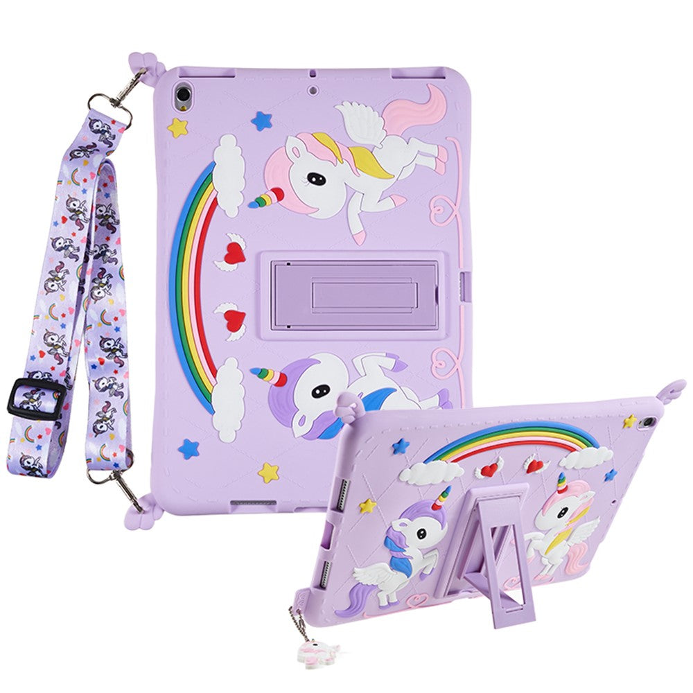 For iPad Pro 10.5-inch (2017) / Air 10.5 inch (2019) Silicone+PC Tablet Cover Cute Decor Kickstand Case with Strap