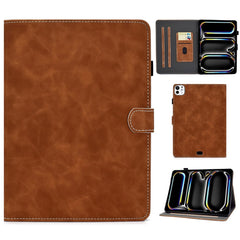 For iPad Pro 11 (2024) Cowhide Texture PU Leather Stand Tablet Case Card Holder Cover with Pen Holder Loop