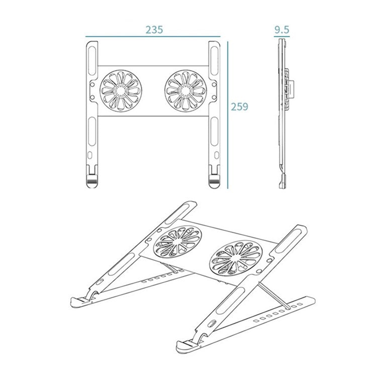 P11F Portable Folding Laptops Stand Aluminum Alloy Adjustable Desktop Tablets Holder with 2 Cooling Fan for Tablets, Notebooks - TechGearPal
